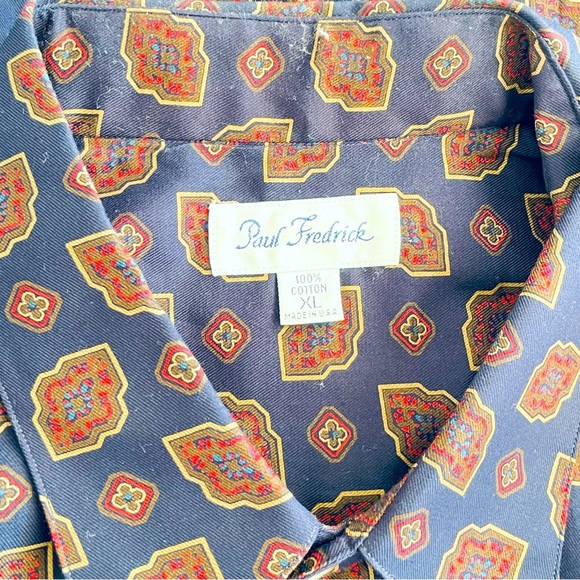 Paul Fredrick XL Button Down Shirt 100% Cotton Navy Blue Geometric Print - Picture 7 of 12